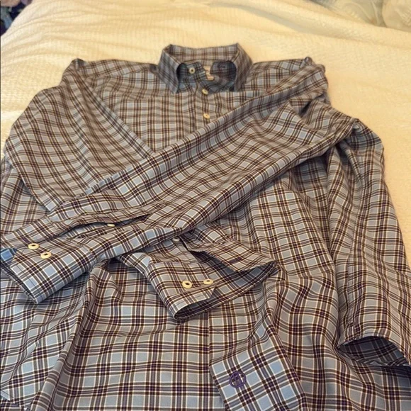 David Donahue Blue and Brown Plaid Casual Shirt - Picture 1 of 5